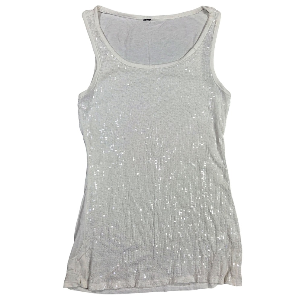 Evereve White Sequin Front Scoop Neck Tank Top Sleeveless Y2k 2000s Casual